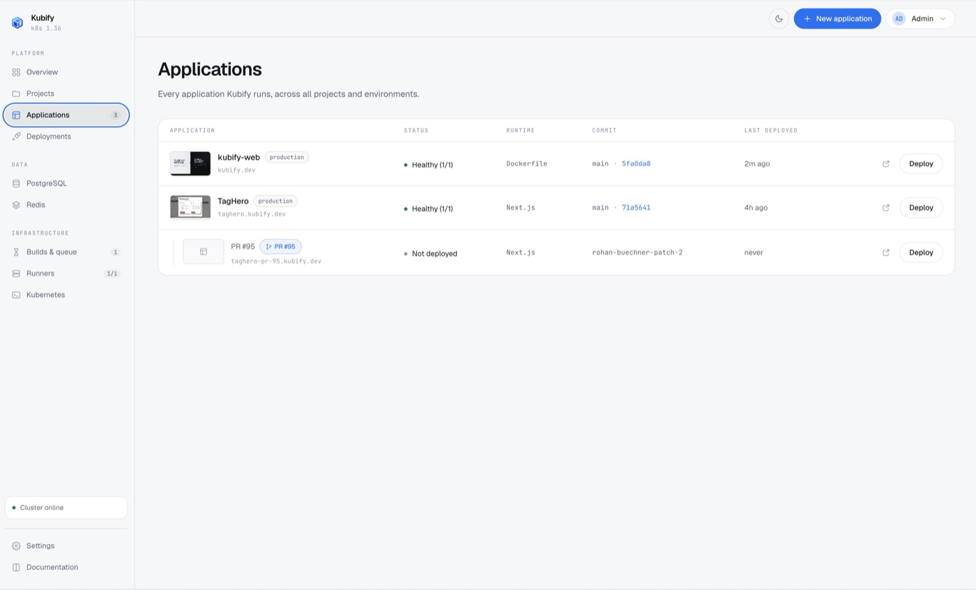 The Kubify applications screen: two applications with their production environments, and a pull request preview nested beneath one of them.