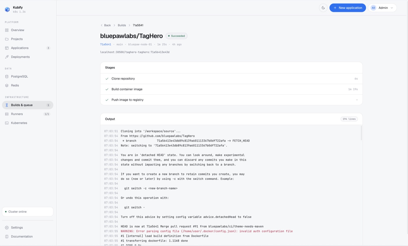 A Kubify build log: clone, build the container image, push it to the registry, with the output beneath.